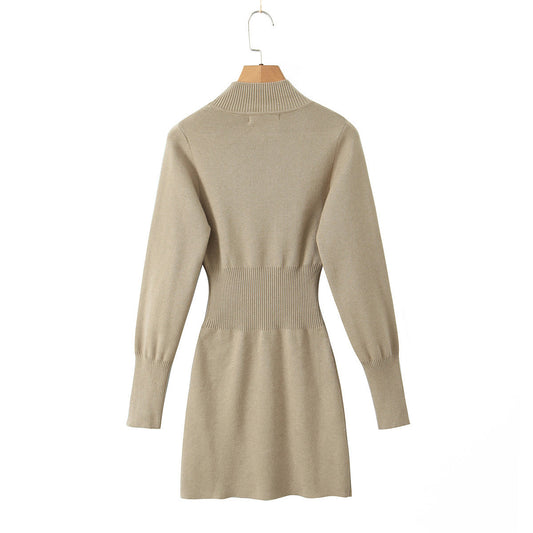 American spicy girl sexy pure desire hip hugging short skirt, half high neck split knit dress eprolo