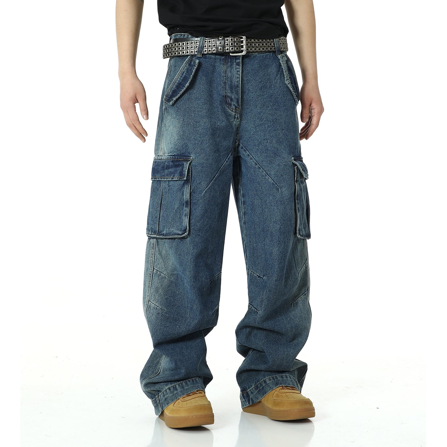 American retro multi pocket heavy-duty jeans men's washed and worn pants street hip-hop high waisted straight leg work pants - FITzzE