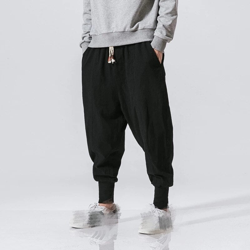 Cotton Pants Men Solid Elastic Waist Streetwear Joggers New Baggy Drop-crotch Pants Casual Trousers Men - FITzzE