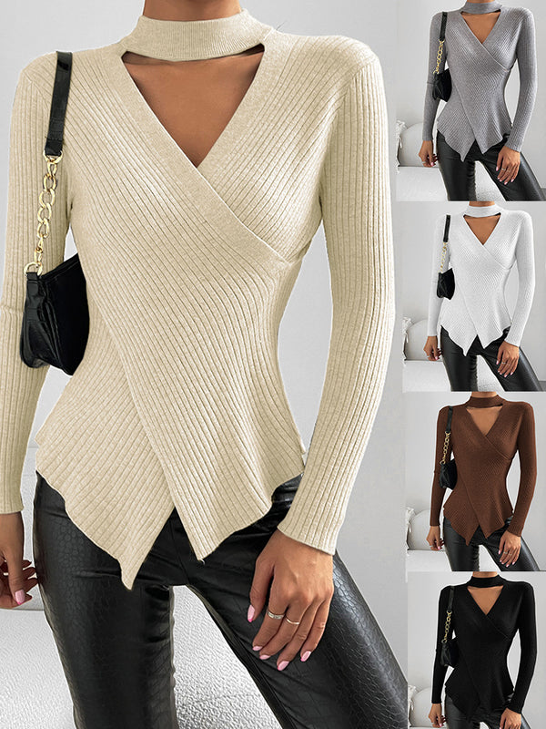 Autumn And Winter Women's Cross-Neck Solid Color Bottoming Shirt Comfortable Long-Sleeved Sweater - FITzzE