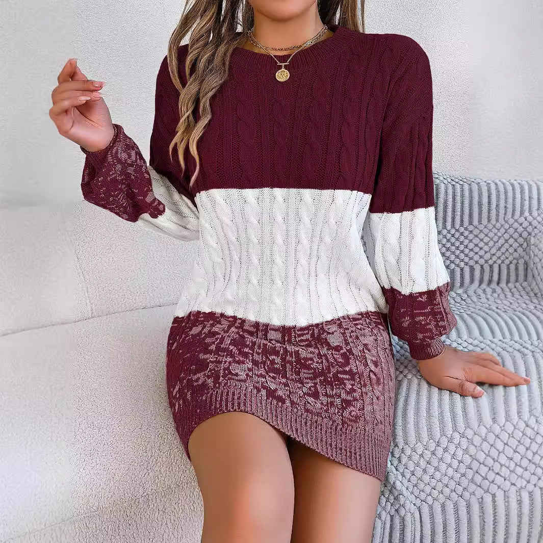 Women’s Autumn/Winter Casual Sweater Dress – European & American Style with Color Matching Twisted Lantern Sleeves eprolo