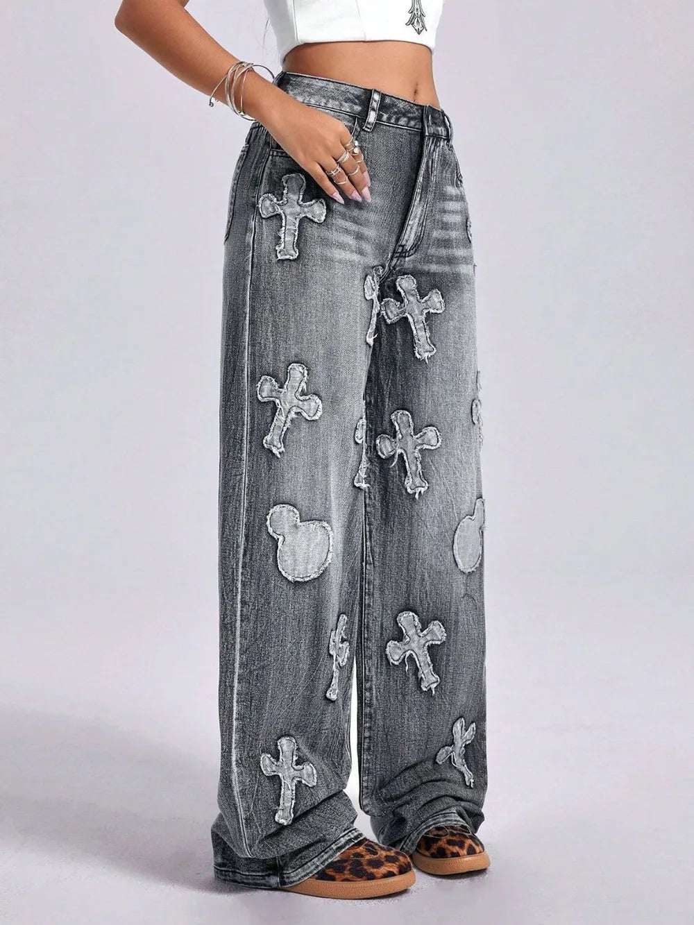 Cross Wide Leg Jeans with Pockets – Trendy High-Waist Loose Fit Denim for a Chic Street Style Look eprolo