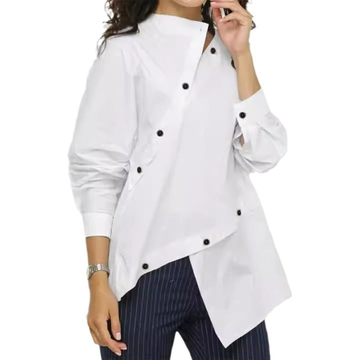 European & American Women’s Personalized Button Asymmetrical Shirt – Long Sleeve Casual Sloping Collar Top eprolo