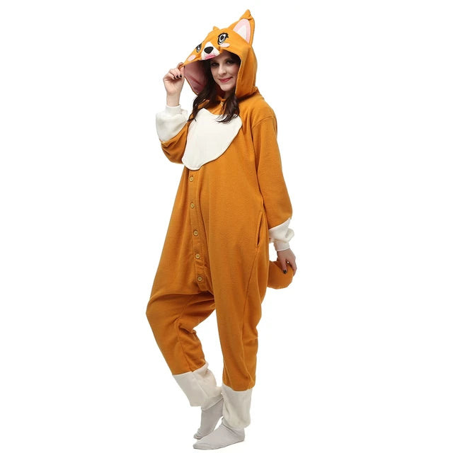Adult Women Men Welsh Corgi Onesie Winter Warm Cute Dog Pajamas Cartoon Animal Halloween Cosplay Costumes Unisex Top - FITzzE