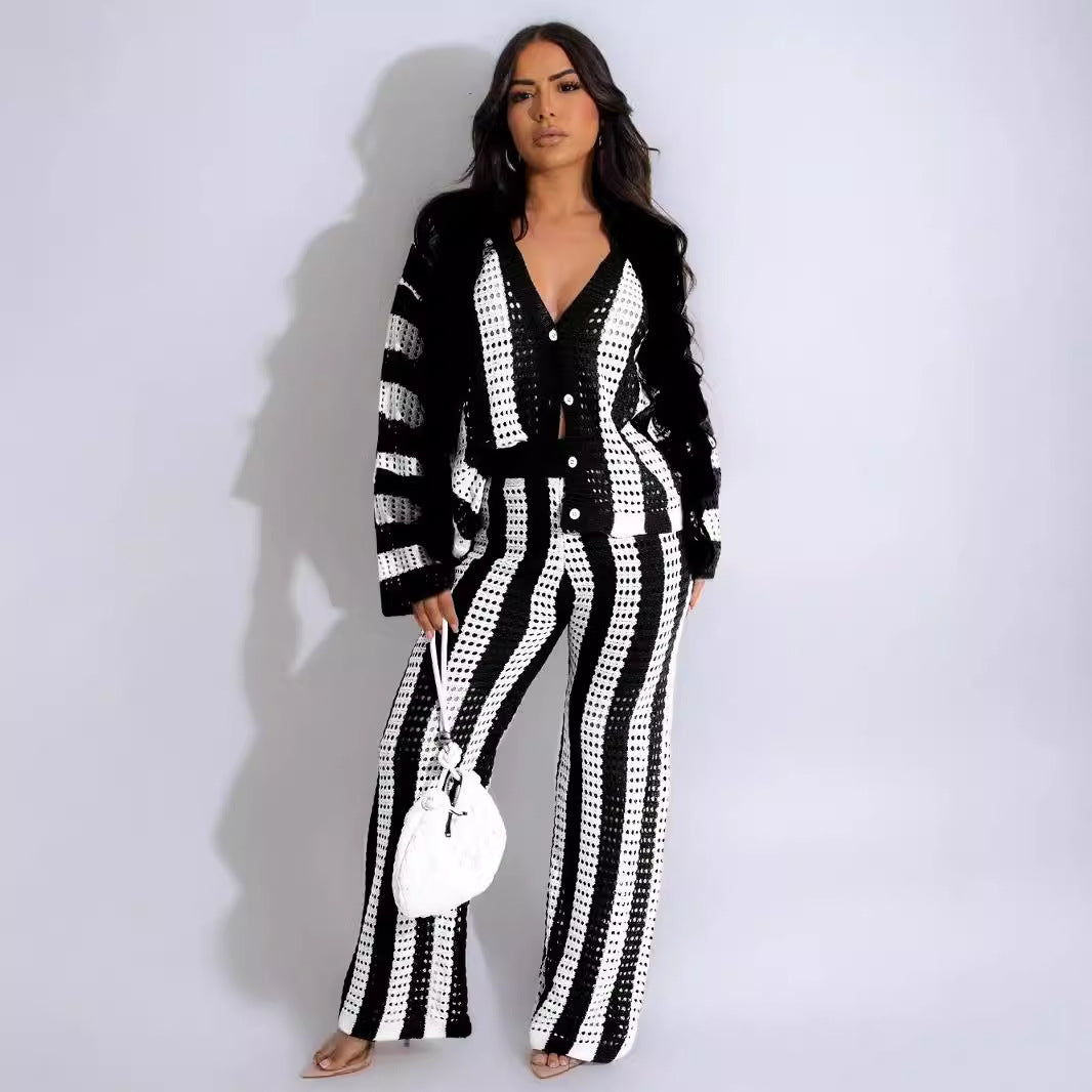 Autumn and Winter Fashion Sexy Hollow Wide Leg Knitted Sweater Two Piece Set eprolo rghbeu-b4.myshopify.com Autumn and Winter Fashion Sexy Hollow Wide Leg Knitted Sweater Two Piece Set