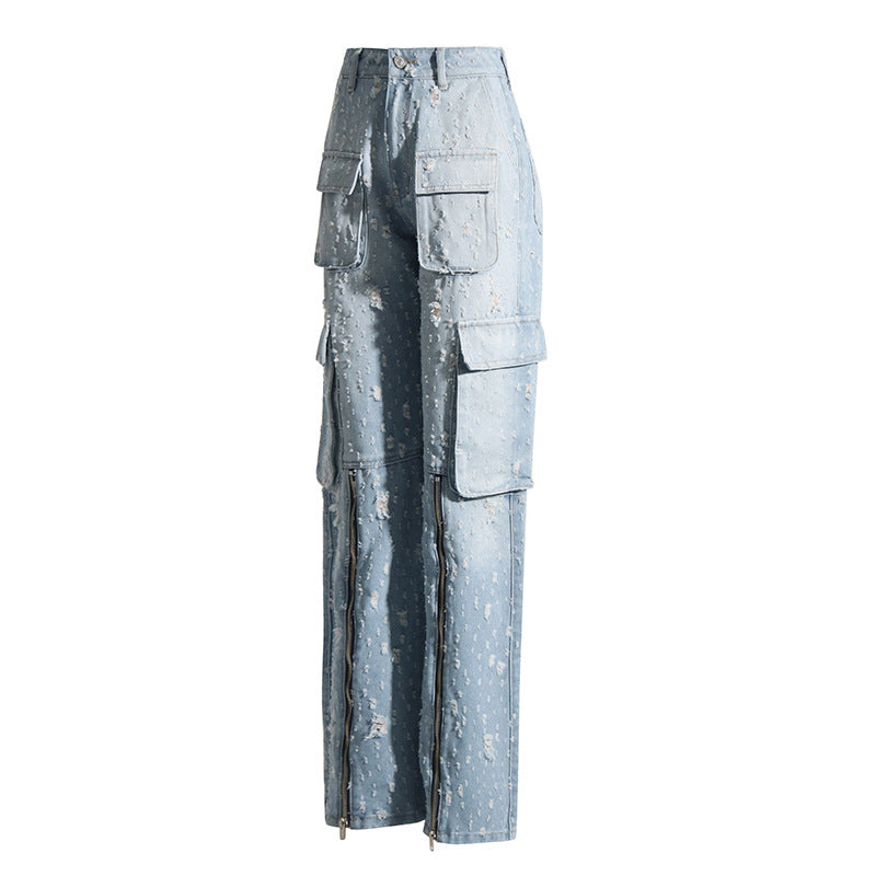 Autumn Trend Blue Ripped Distressed Multi-Pocket High Waist Denim Overalls – Street Style Essential for Women eprolo