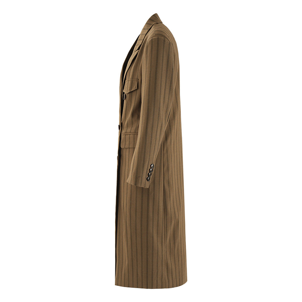 Women’s Double-Breasted Long Over-the-Knee Coat – Loose Silhouette Striped Contrast Top in Khaki eprolo