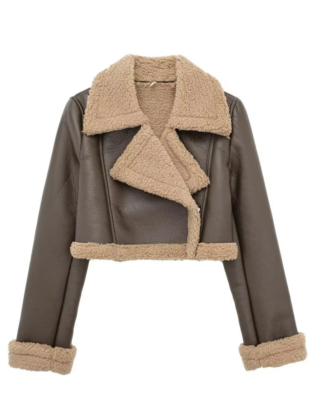Collared Neck Plush Cropped Jacket ,Cozy Long Sleeve Outerwear for a Chic Winter Look - FITzzE