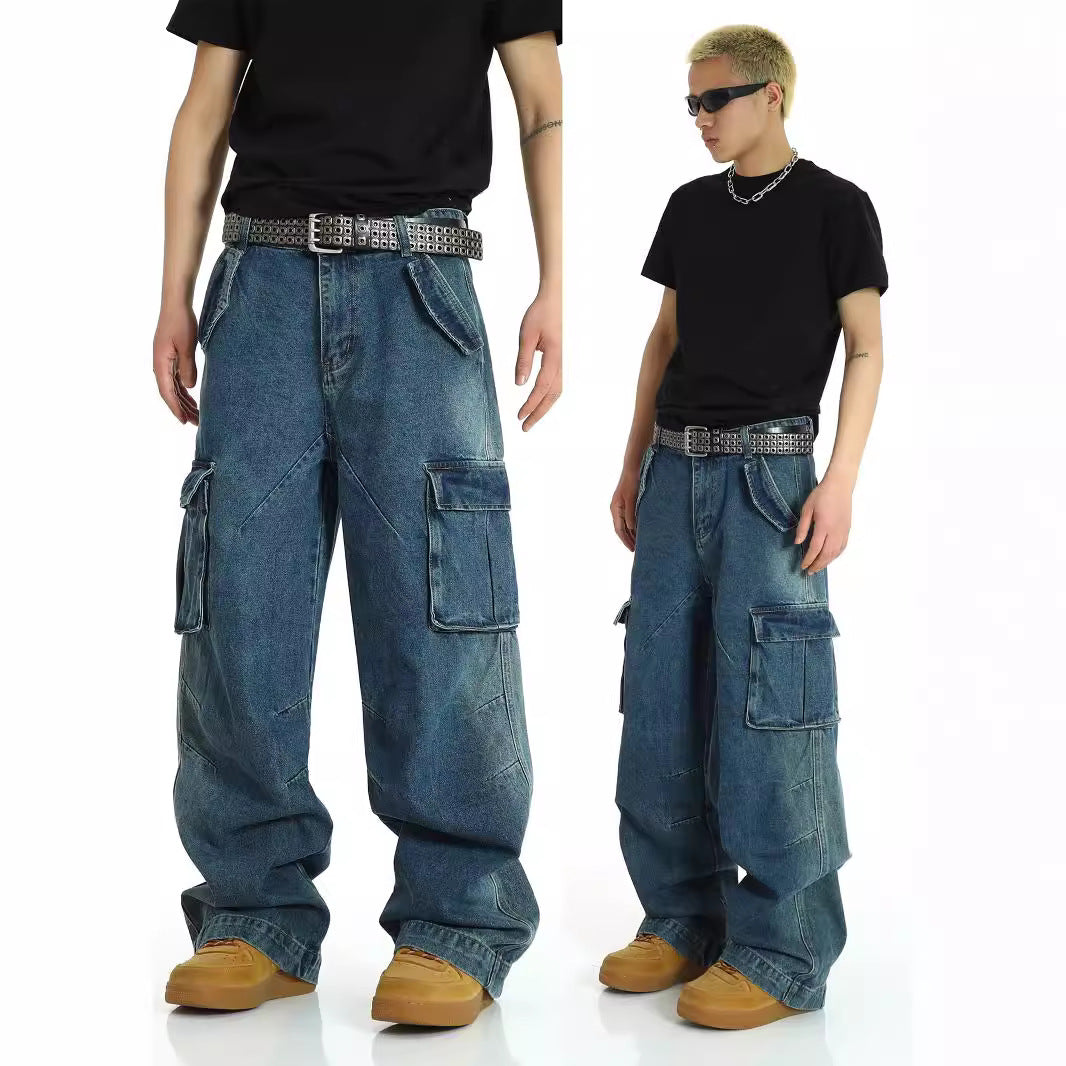 American retro multi pocket heavy-duty jeans men's washed and worn pants street hip-hop high waisted straight leg work pants - FITzzE