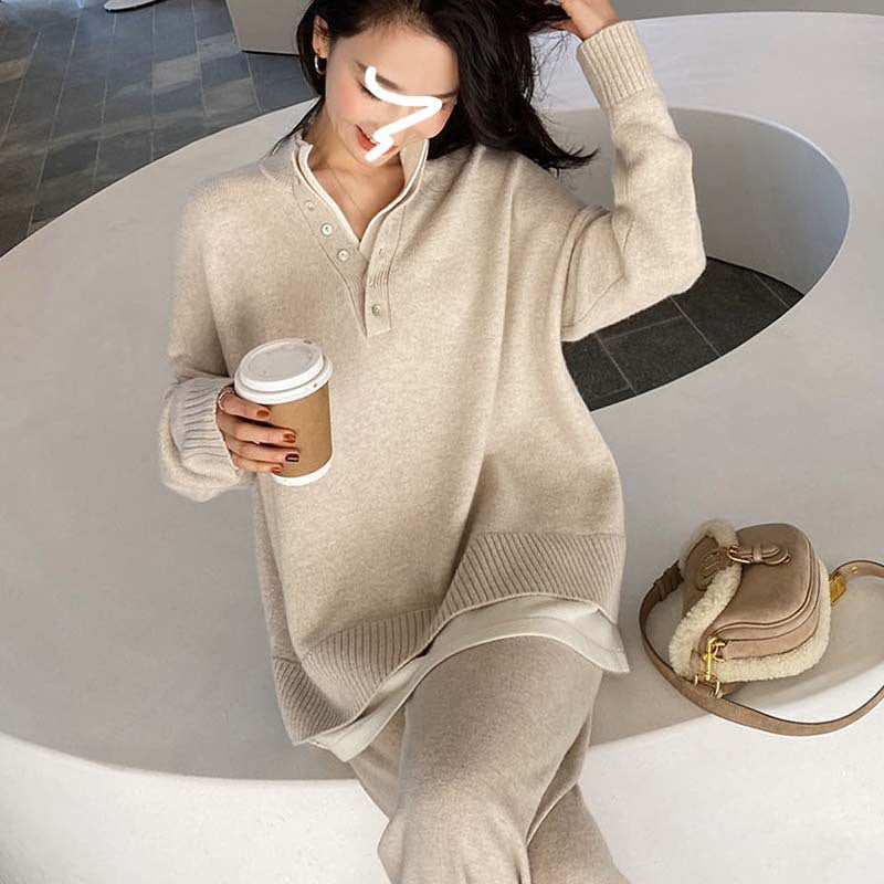 Knitted Sweater & Wide-Leg Pants Two-Piece Set -Cozy Autumn/Winter Loungewear for Women - FITzzE
