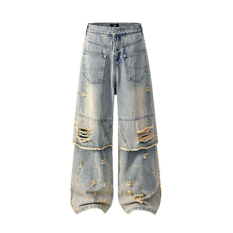 High Street Post-Apocalyptic Style Distressed Denim Pants for Men and Women, Loose Washed Vintage Wide-Leg Trousers - FITzzE