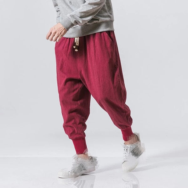 Cotton Pants Men Solid Elastic Waist Streetwear Joggers New Baggy Drop-crotch Pants Casual Trousers Men - FITzzE