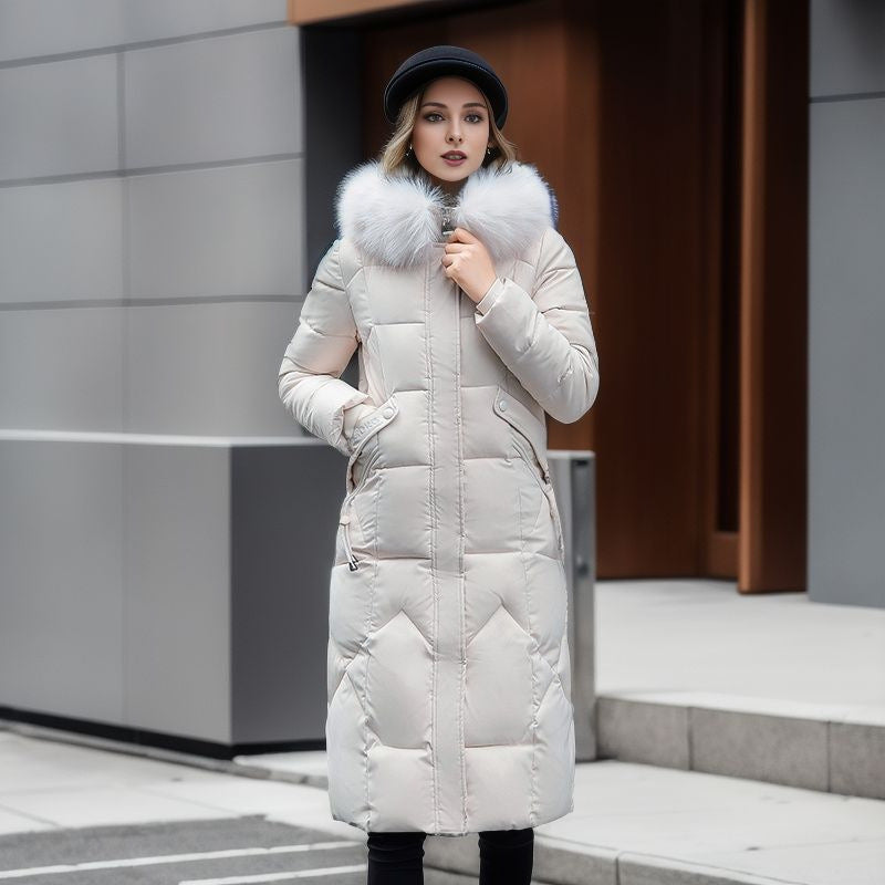 Cotton padded clothes women's middle and long style, slim fit, knee length cotton padded clothes, large wool collar and thick cotton padded jacket - FITzzE