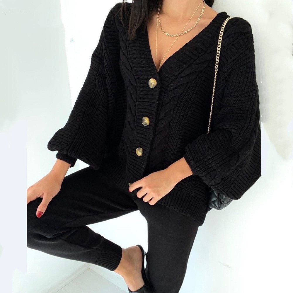 2-piece knit set for women pattern v-neck cardigan + pants trousers knitted suit tracksuit - FITzzE