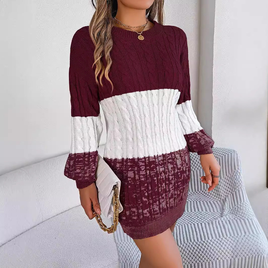 Women’s Autumn/Winter Casual Sweater Dress – European & American Style with Color Matching Twisted Lantern Sleeves eprolo