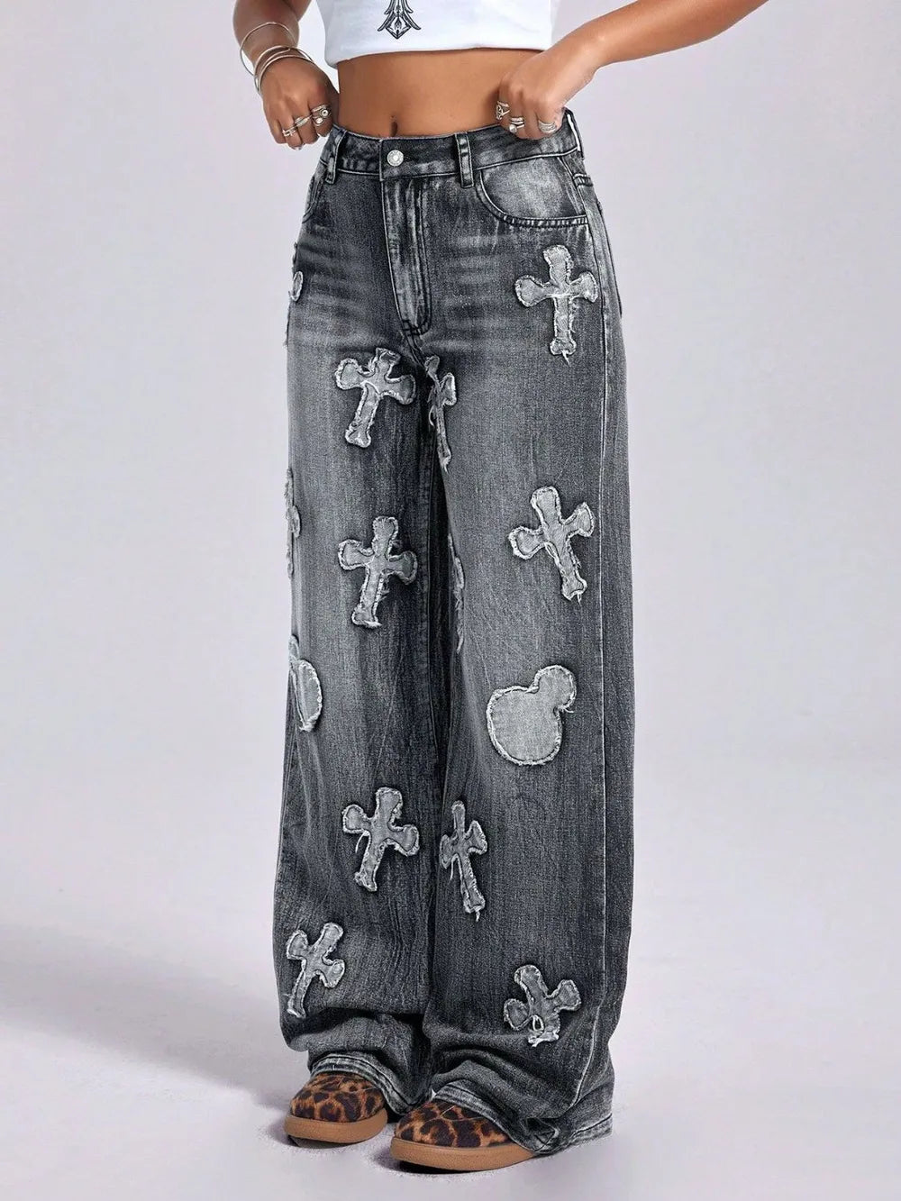 Cross Wide Leg Jeans with Pockets – Trendy High-Waist Loose Fit Denim for a Chic Street Style Look eprolo