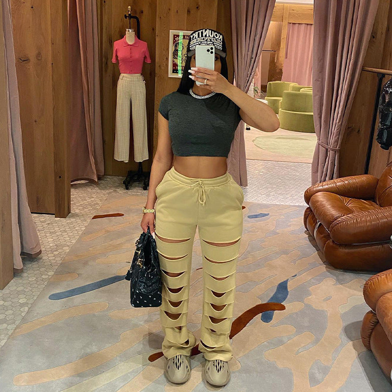 Autumn New High Waist Pants with Broken Holes Casual Loose Tight Waist Wide Leg Pants - FITzzE