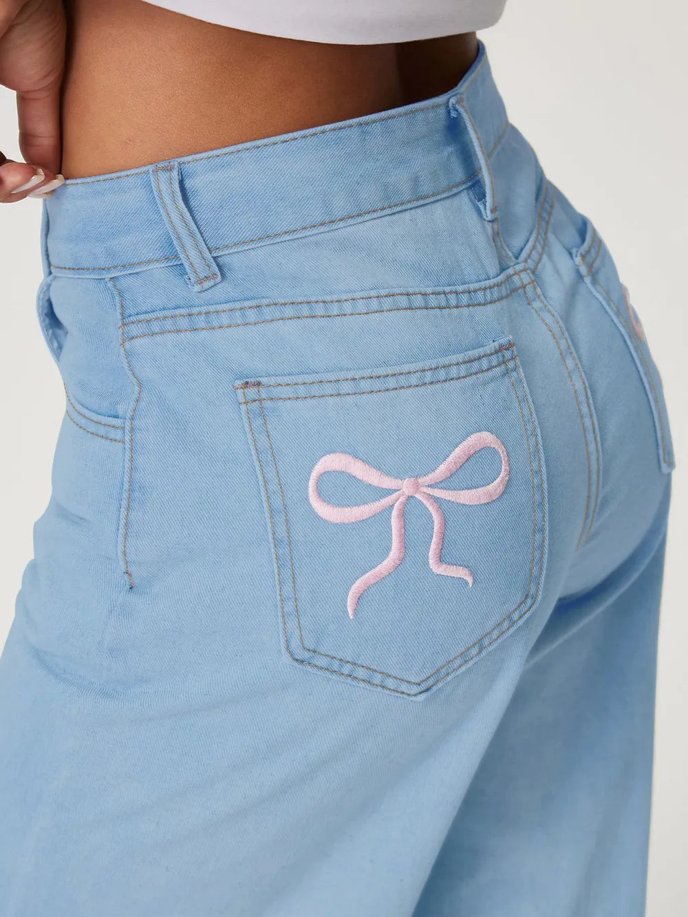 Embroidered Bow Back Wide Leg Jeans ,Elegant High-Waist Denim with Feminine Charm - FITzzE