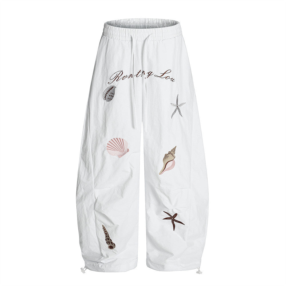 Wide-Leg Scissors Casual Pants with Pleated Design, Fun Conch Shell Embroidery, Loose-Fit Long Trousers for Men - FITzzE