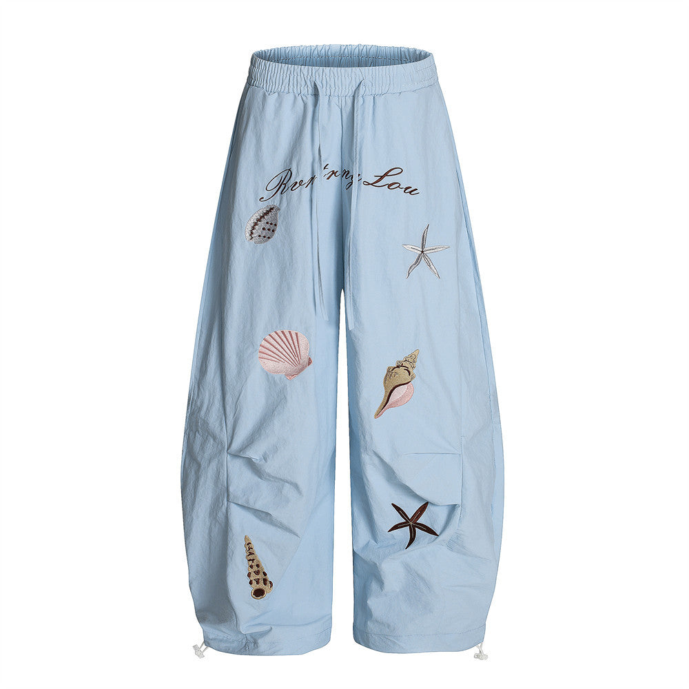 Wide-Leg Scissors Casual Pants with Pleated Design, Fun Conch Shell Embroidery, Loose-Fit Long Trousers for Men - FITzzE