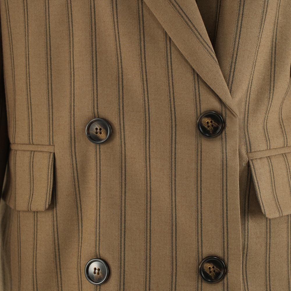 Women’s Double-Breasted Long Over-the-Knee Coat – Loose Silhouette Striped Contrast Top in Khaki eprolo