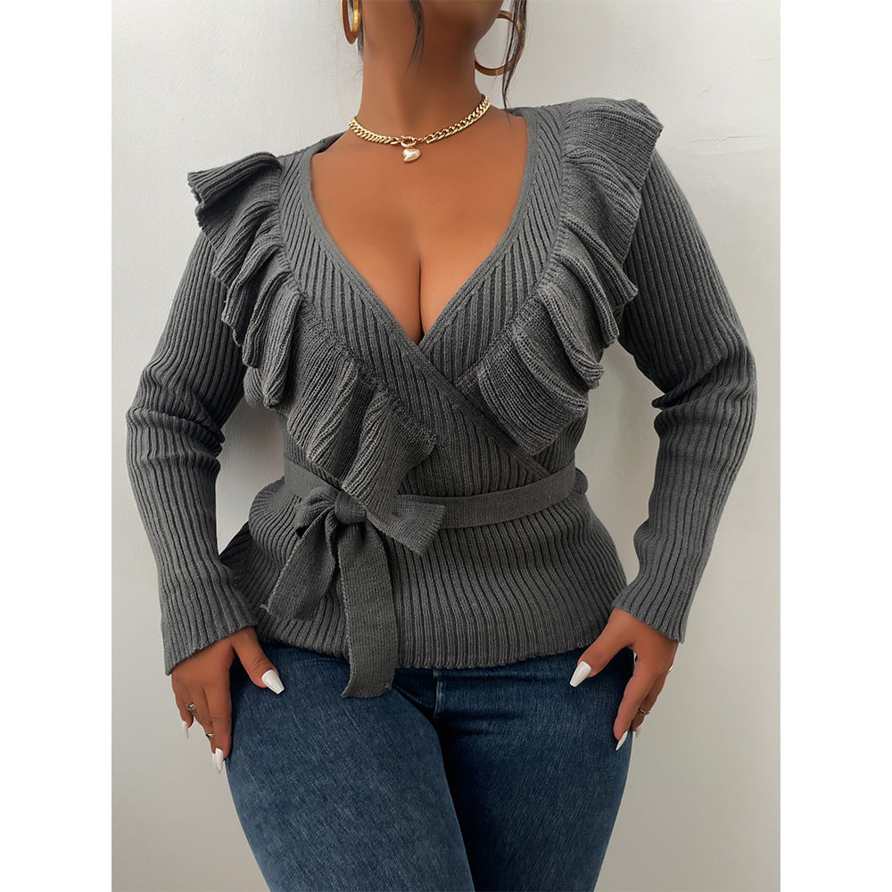 Autumn And Winter New Large Size V-Neck Solid Color Knitted Sweater Fashion Loose Sweater Women - FITzzE