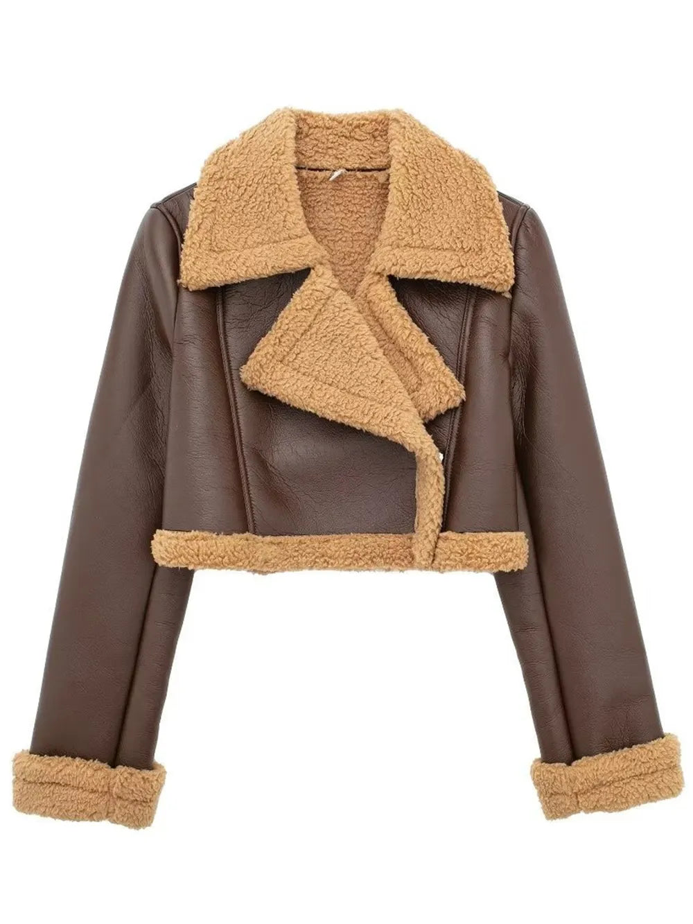 Collared Neck Plush Cropped Jacket ,Cozy Long Sleeve Outerwear for a Chic Winter Look - FITzzE