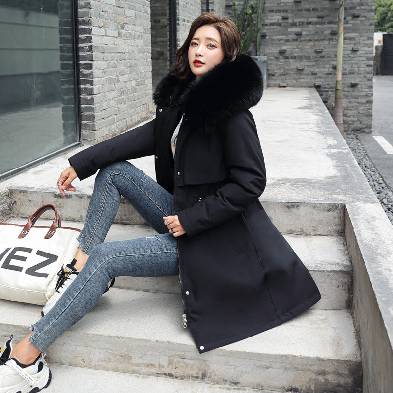 Korean version of long and medium length big fur collar with fleece jacket cotton jacket for women's fashion - FITzzE