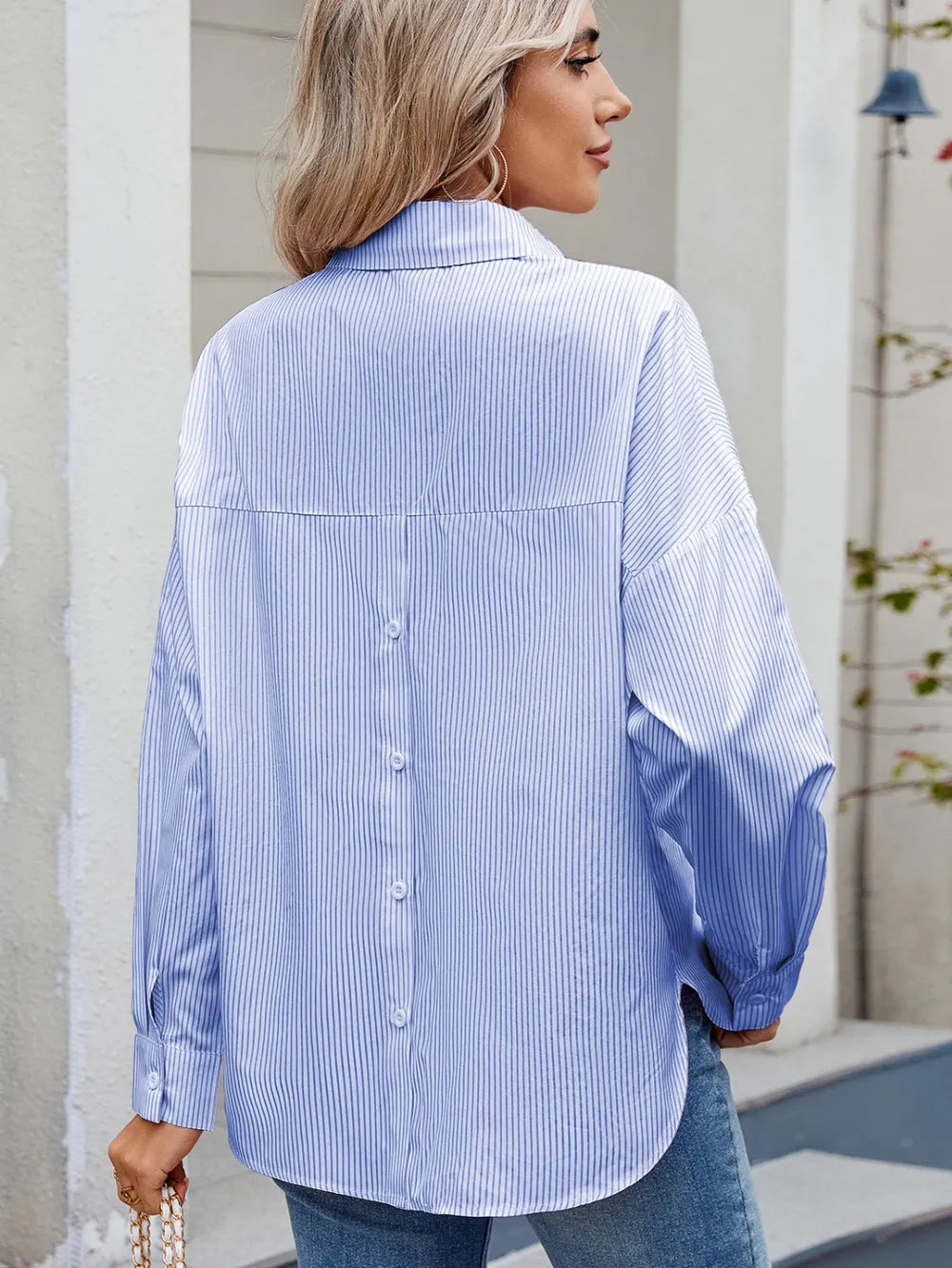 Casual loose one row button long sleeved striped shirt top trendy - FITzzE rghbeu-b4.myshopify.com Casual loose one row button long sleeved striped shirt top trendy