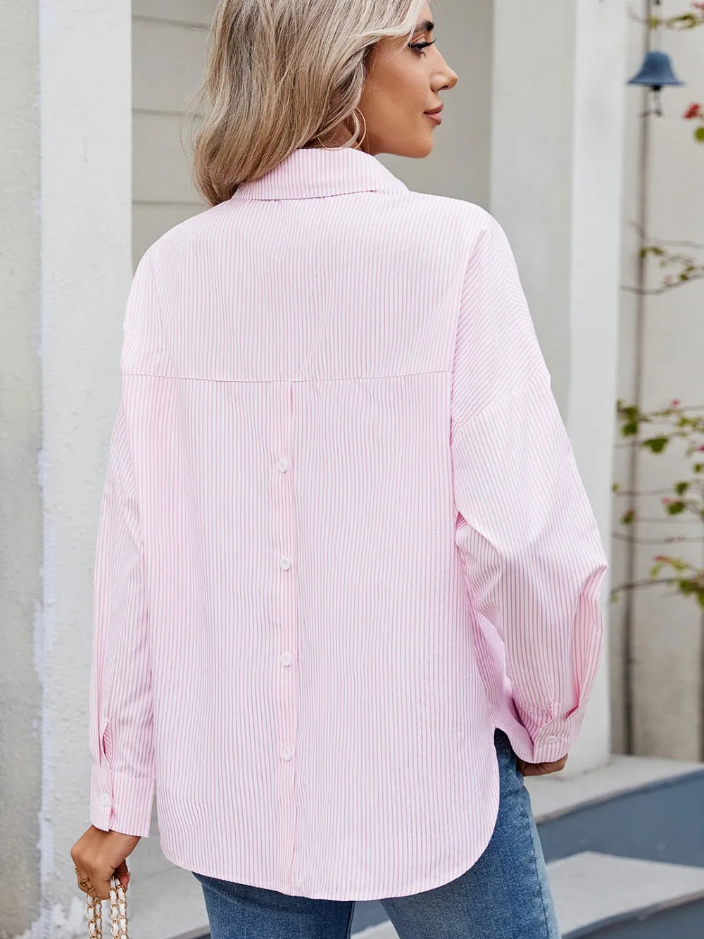 Casual loose one row button long sleeved striped shirt top trendy - FITzzE rghbeu-b4.myshopify.com Casual loose one row button long sleeved striped shirt top trendy
