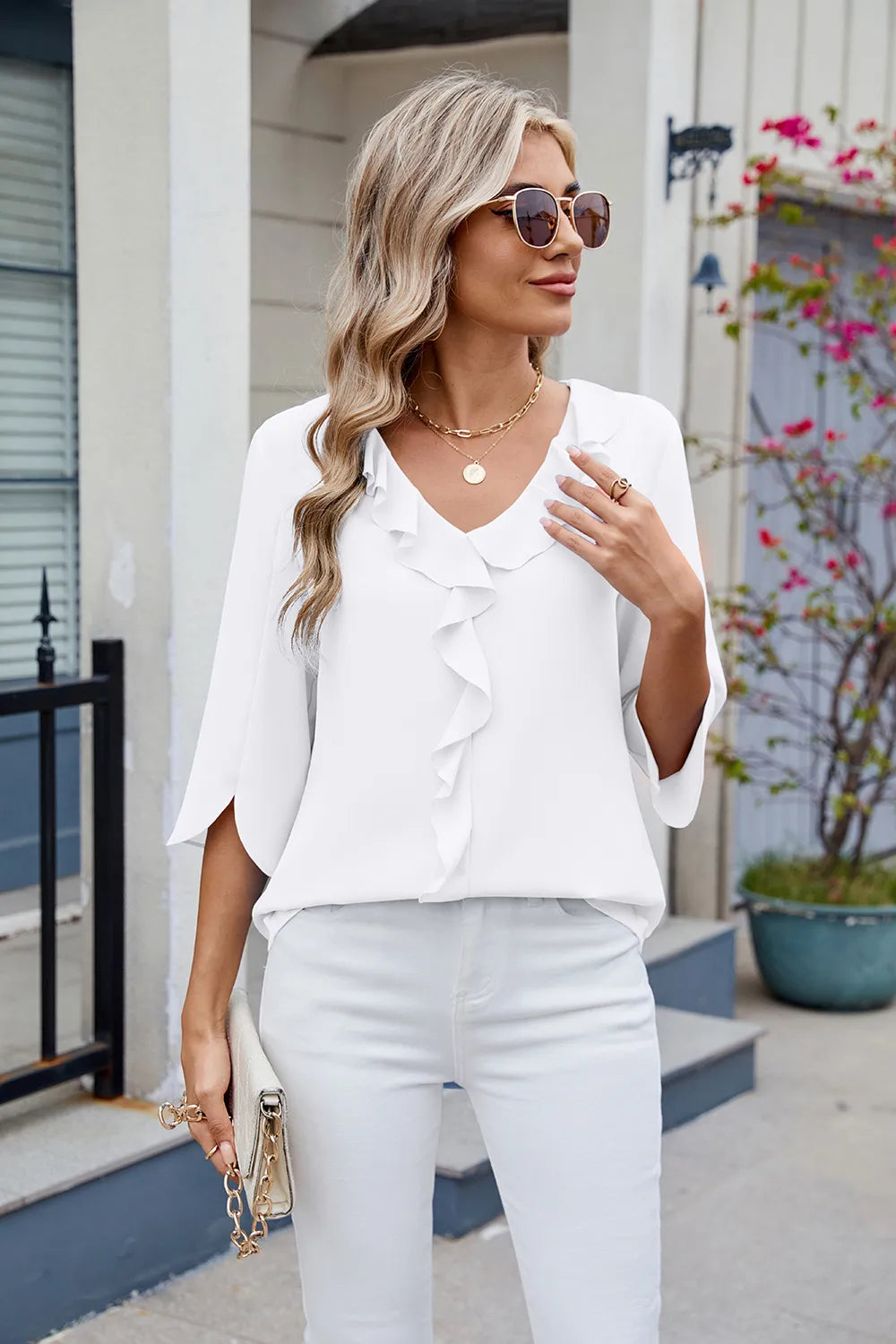 Chiffon mid sleeve V-neck pleated ruffled loose fitting women's top - FITzzE rghbeu-b4.myshopify.com Chiffon mid sleeve V-neck pleated ruffled loose fitting women's top