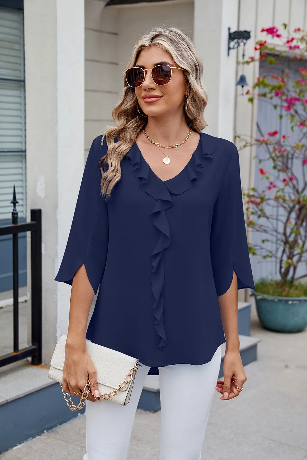 Chiffon mid sleeve V-neck pleated ruffled loose fitting women's top - FITzzE rghbeu-b4.myshopify.com Chiffon mid sleeve V-neck pleated ruffled loose fitting women's top