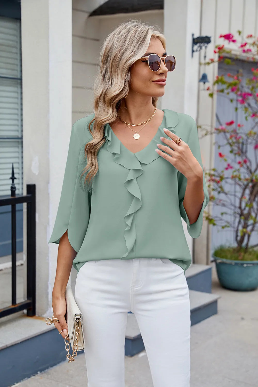Chiffon mid sleeve V-neck pleated ruffled loose fitting women's top - FITzzE rghbeu-b4.myshopify.com Chiffon mid sleeve V-neck pleated ruffled loose fitting women's top