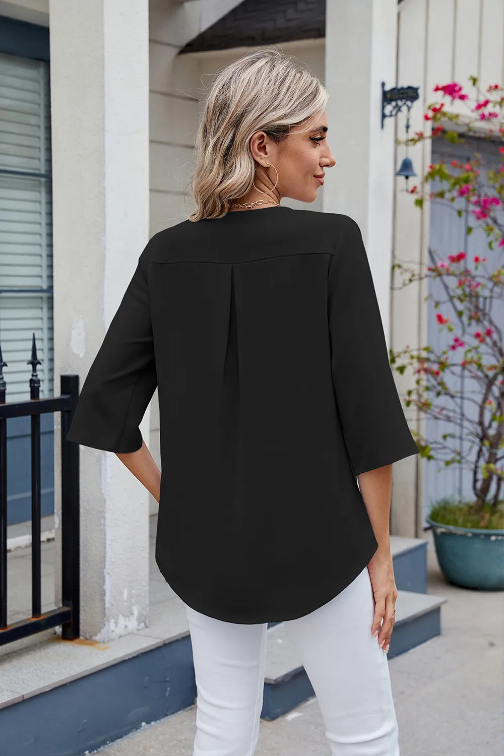 Chiffon mid sleeve V-neck pleated ruffled loose fitting women's top - FITzzE rghbeu-b4.myshopify.com Chiffon mid sleeve V-neck pleated ruffled loose fitting women's top