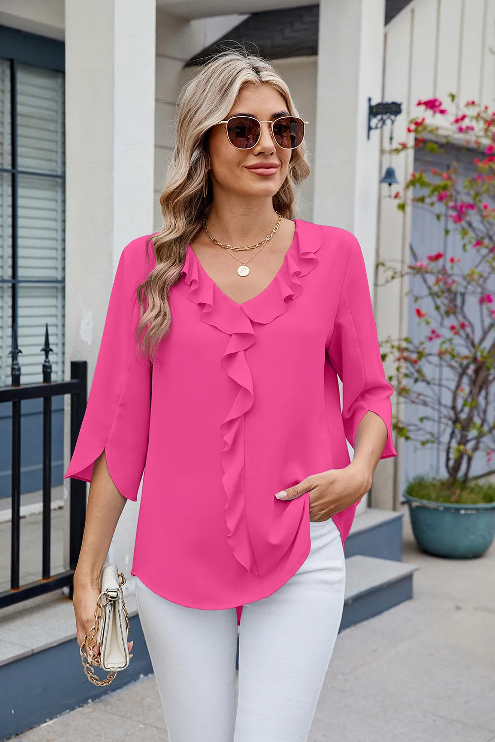Chiffon mid sleeve V-neck pleated ruffled loose fitting women's top - FITzzE rghbeu-b4.myshopify.com Chiffon mid sleeve V-neck pleated ruffled loose fitting women's top