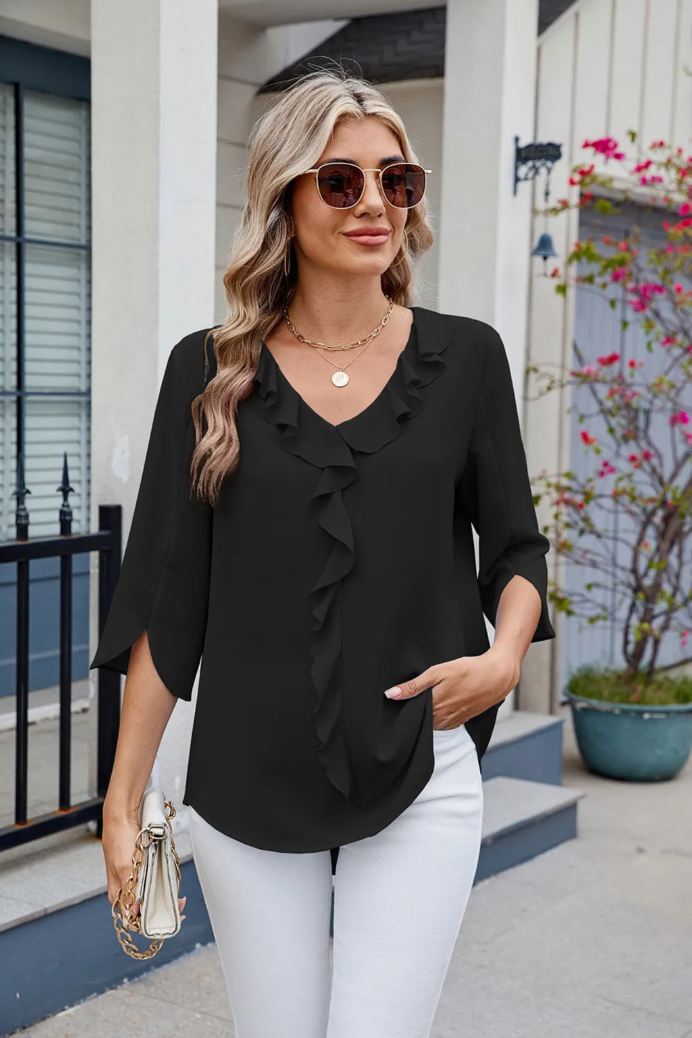 Chiffon mid sleeve V-neck pleated ruffled loose fitting women's top - FITzzE rghbeu-b4.myshopify.com Chiffon mid sleeve V-neck pleated ruffled loose fitting women's top