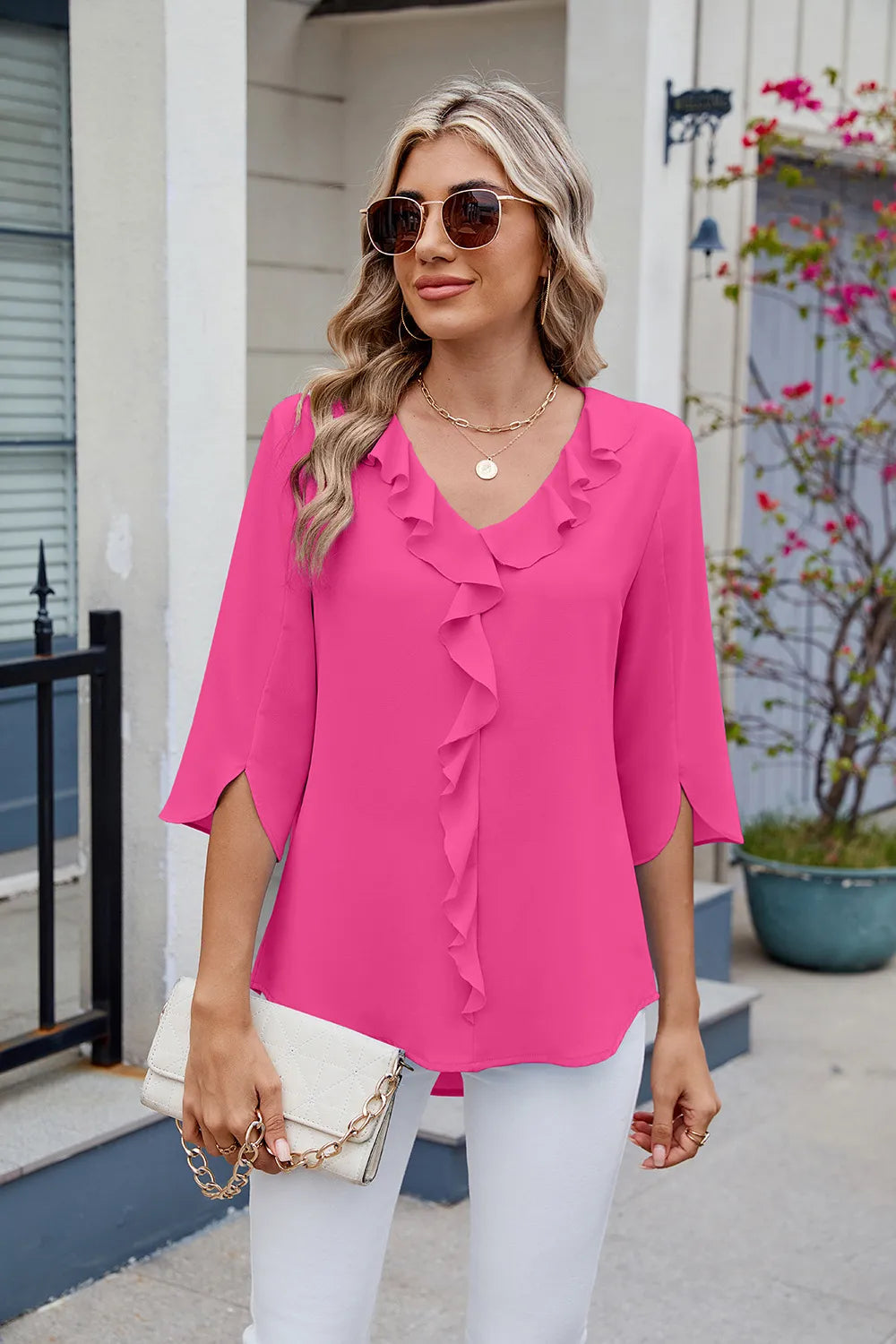 Chiffon mid sleeve V-neck pleated ruffled loose fitting women's top - FITzzE rghbeu-b4.myshopify.com Chiffon mid sleeve V-neck pleated ruffled loose fitting women's top
