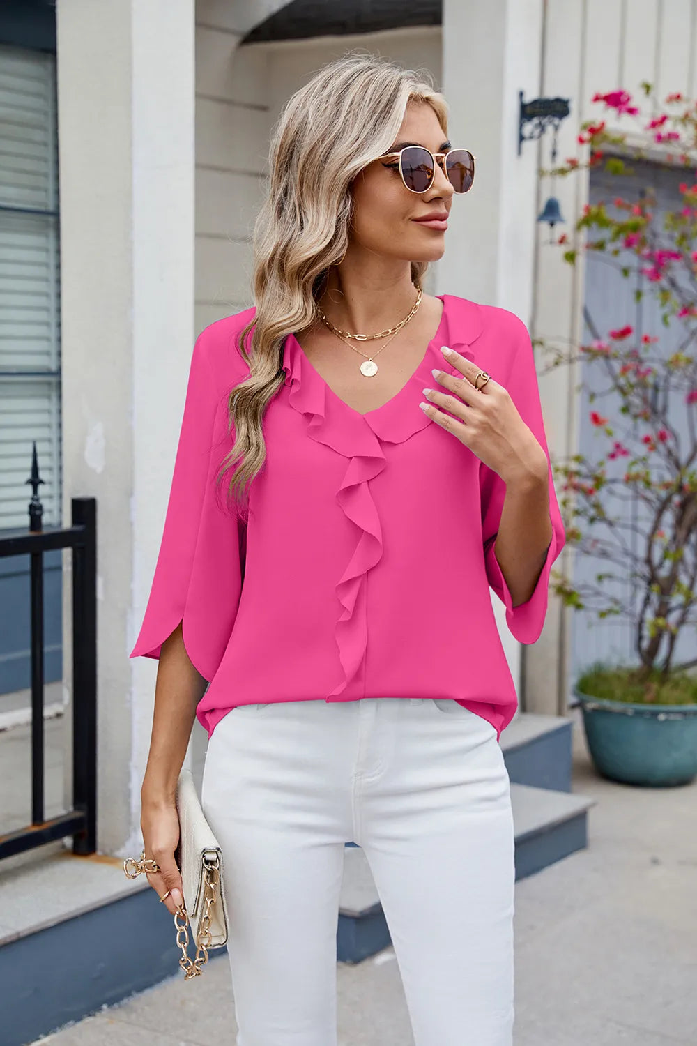 Chiffon mid sleeve V-neck pleated ruffled loose fitting women's top - FITzzE rghbeu-b4.myshopify.com Chiffon mid sleeve V-neck pleated ruffled loose fitting women's top
