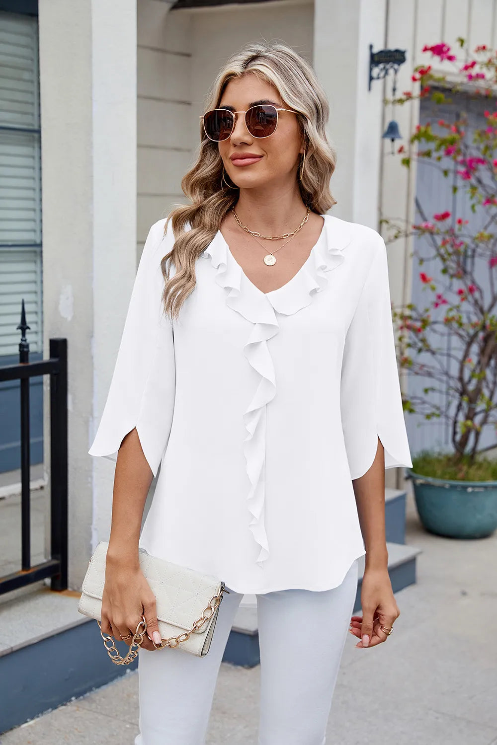 Chiffon mid sleeve V-neck pleated ruffled loose fitting women's top - FITzzE rghbeu-b4.myshopify.com Chiffon mid sleeve V-neck pleated ruffled loose fitting women's top