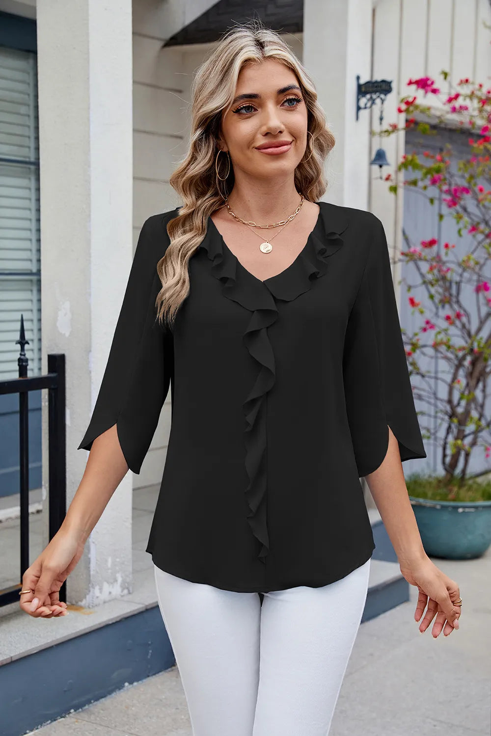 Chiffon mid sleeve V-neck pleated ruffled loose fitting women's top - FITzzE rghbeu-b4.myshopify.com Chiffon mid sleeve V-neck pleated ruffled loose fitting women's top