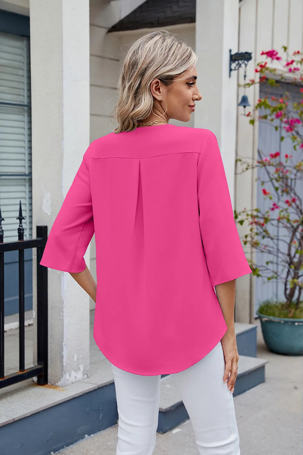 Chiffon mid sleeve V-neck pleated ruffled loose fitting women's top - FITzzE rghbeu-b4.myshopify.com Chiffon mid sleeve V-neck pleated ruffled loose fitting women's top