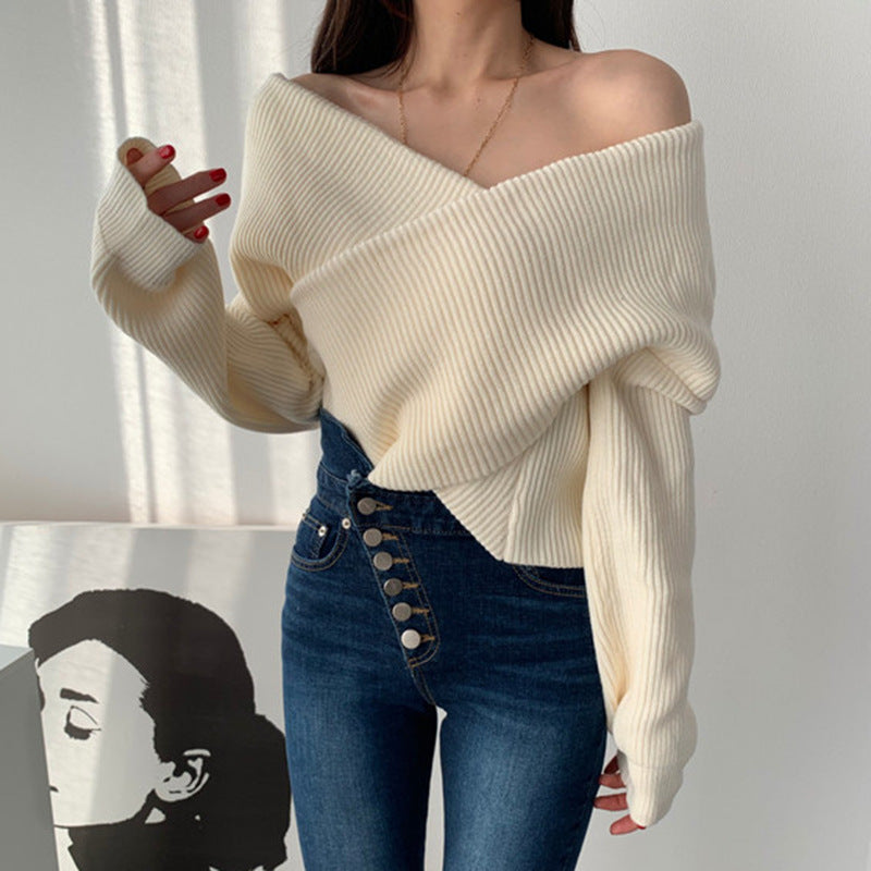 Korean Chic One-Shoulder Knitted Sweater – Loose Long-Sleeve Autumn/Winter Top for Women eprolo