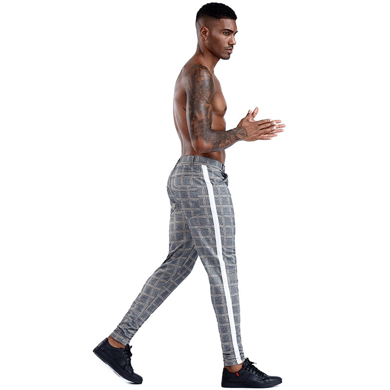 Brand Plaid Pants Men Elastic Male Skinny Trousers Bottom Tight Male Pant Streetwear Sweatpants Casual Joggers Men Pants - FITzzE