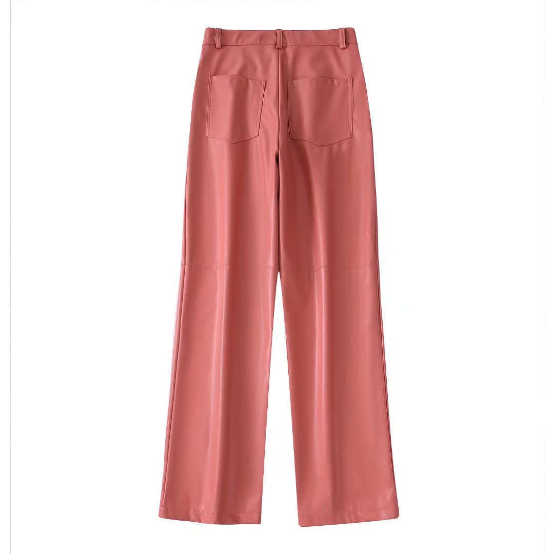 Spring/Summer New Women's Solid Color Faux Leather Double Breasted Blazer + High Waist Leather Pants - FITzzE