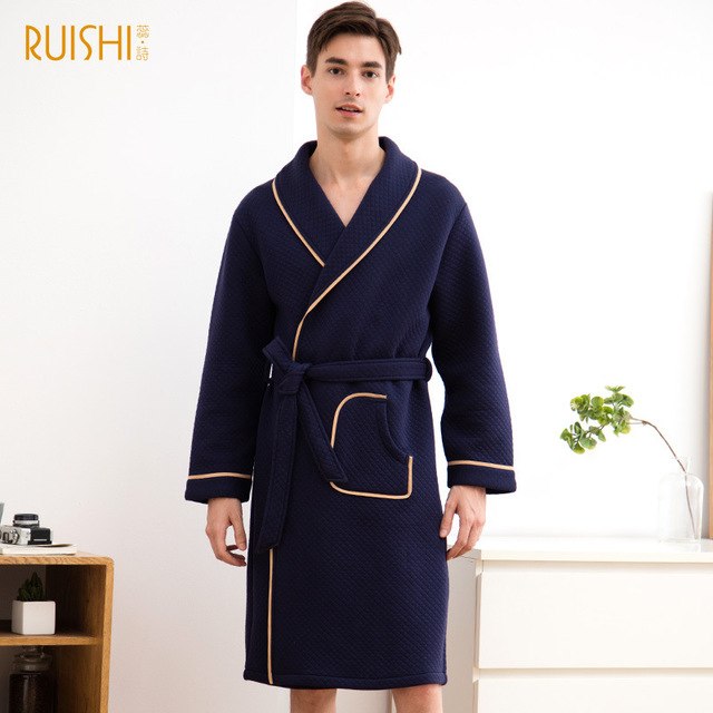 J&Q mall robe warm air cotton sandwich couple pajamas long sleeve drop shipping men and women bathrobe pure cotton nightgown - FITzzE
