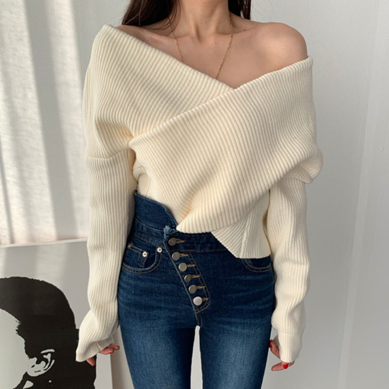 Korean Chic One-Shoulder Knitted Sweater – Loose Long-Sleeve Autumn/Winter Top for Women eprolo