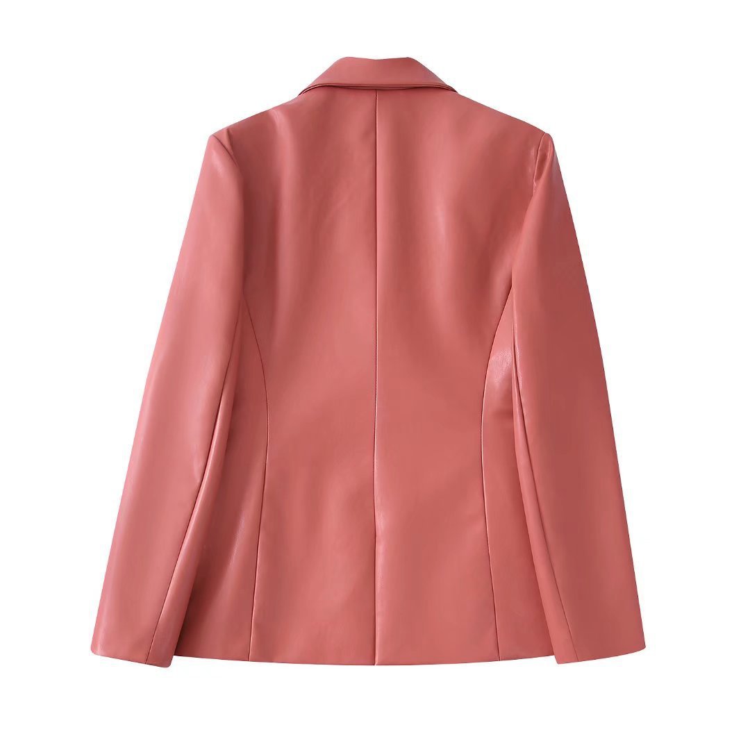 Spring/Summer New Women's Solid Color Faux Leather Double Breasted Blazer + High Waist Leather Pants - FITzzE
