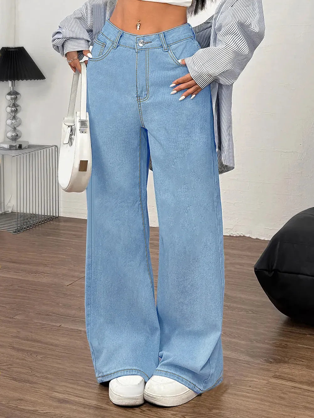 Embroidered Bow Back Wide Leg Jeans ,Elegant High-Waist Denim with Feminine Charm - FITzzE