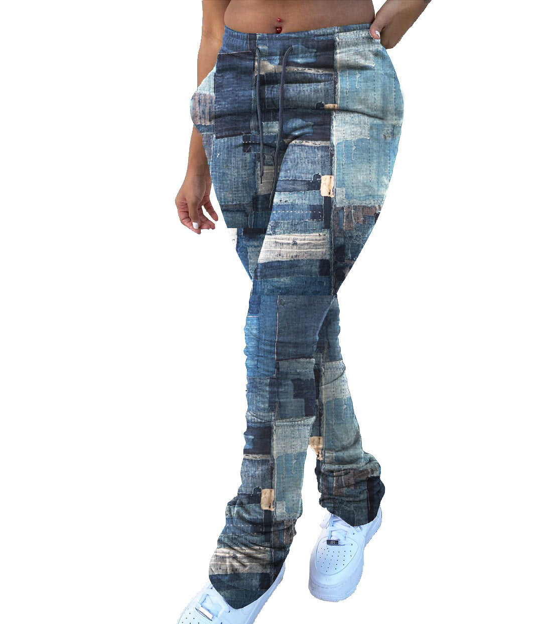 Faux Denim Print Drawstring Pants – Stylish Elastic Waist Casual Trousers for Women eprolo