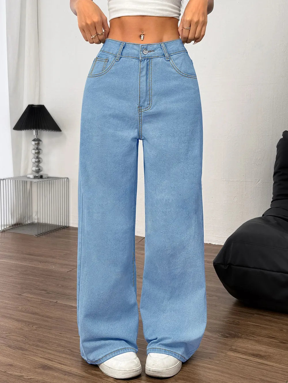 Embroidered Bow Back Wide Leg Jeans ,Elegant High-Waist Denim with Feminine Charm - FITzzE
